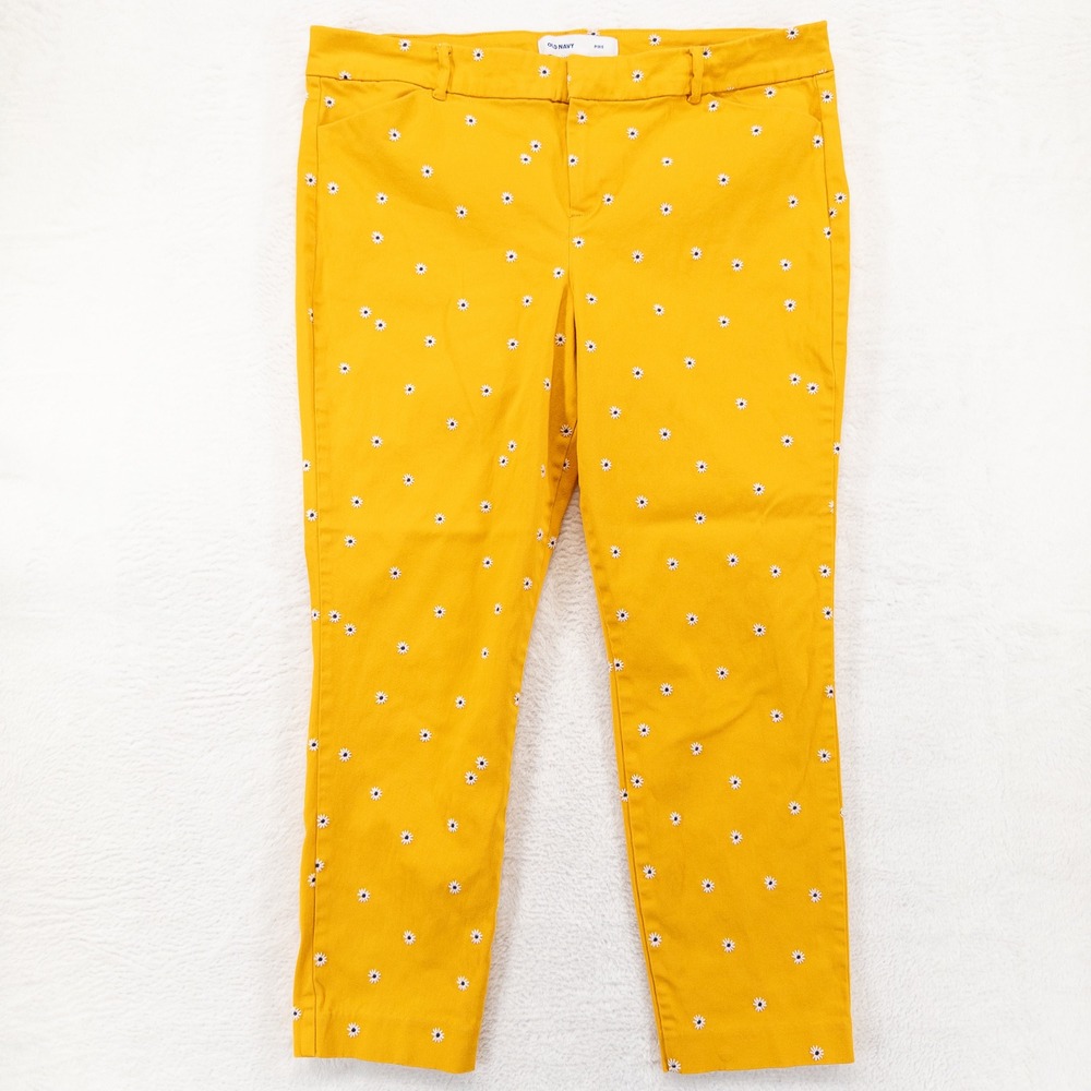 Old Navy Womens Pixie Pants 16 Yellow Daisy Floral Embroidered Ankle Chino Crop